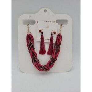 Lane Bryant Jewelry Set Necklace And 2 Pairs Earrings Dark pink Rope Beaded